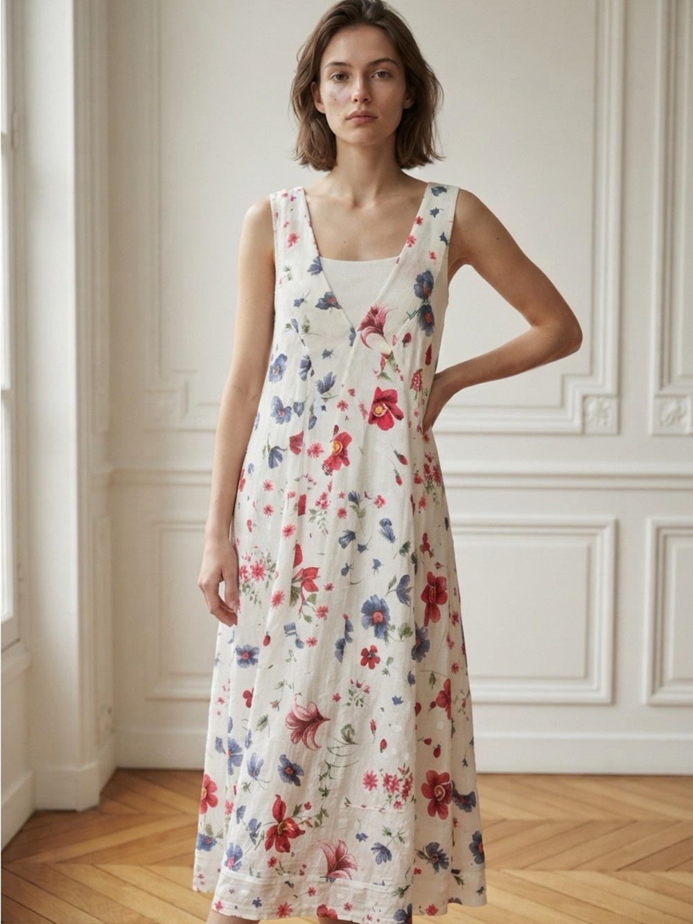 2367 - Me & Gee Floral Linen Mixed-Media Midi Dress-Made Italy